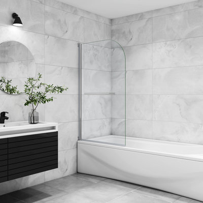 AVER-GROWTH 800X1400mm Bathroom Chrome Pivot Bath Shower Screen With Towel Rail Curved Frameless Glass Reversible from B&Q
