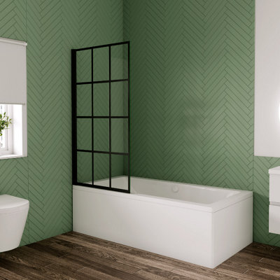 AVER-GROWTH 800X1400mm Matt Black Square Pivot Bath Shower 6mm Screen Tempered Glass Panel from B&Q