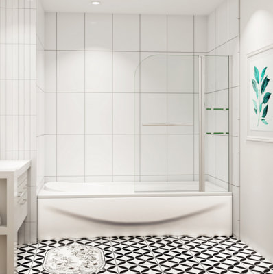 AVER-GROWTH 1000X1400mm Chrome 180 Pivot Bath Shower 6mm Easyclean Glass Screen With Shelve+Towel Rail from B&Q