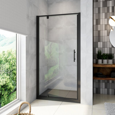AVER-GROWTH Matt Black 800X1850mm Pivot Shower Door Shower Enclosure Toughened Safety Glass Screen from B&Q
