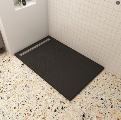 AVER-GROWTH 1100X800mm Luxury Rectangle Slate Effect Slimline Black Shower Stone Tray+Free Waste&drain Trap from B&Q