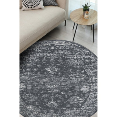 Melrose Colorama Traditional Design Charcoal Area Circular Round Rug 120X120Cm from B&Q