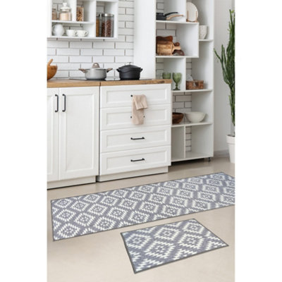 B&Q -  Deco Mat Grey Aztec Runner Rug & Matching Floor Mat 57/230Cm & 57/40Cm