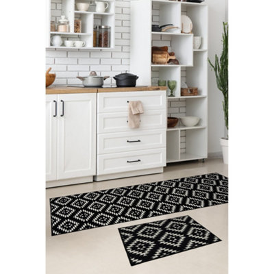 B&Q -  Deco Mat Black Aztec Runner Rug & Matching Floor Mat 57/230Cm & 57/40Cm