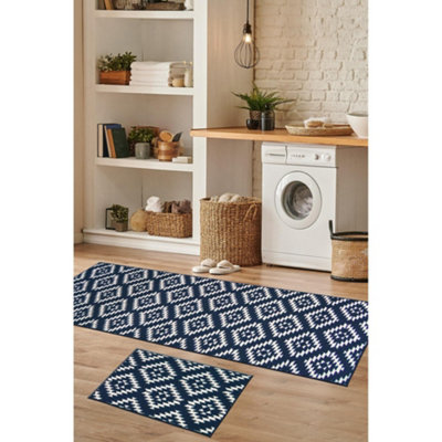B&Q -  Deco Mat Blue Aztec Runner Rug & Matching Floor Mat 57/230Cm & 57/40Cm