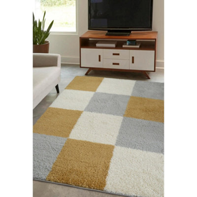 B&Q -  Orange Grey Shaggy High Pile Block Design Medium Area Indoor Rug 120/170Cm