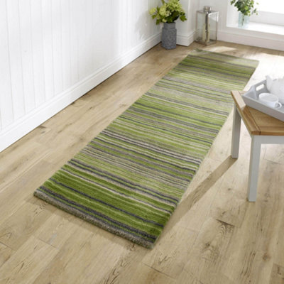 Melrose Mubai Stripe Wool Made Green Runner Area Rug 060/230Cm from B&Q
