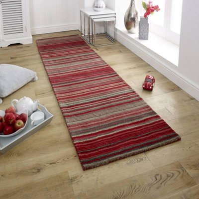 Melrose Mubai Stripe Wool Made Red Runner Area Rug 060/230Cm from B&Q