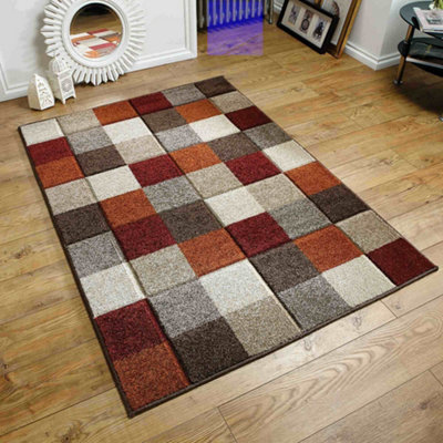 Melrose Salerno Red Orange Cream Blocks Patterned Design X-Large Indoor Area Rug 200/285Cm
