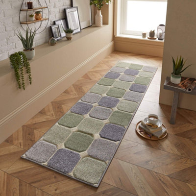 Melrose Salerno Green Square Patterned Design Large Indoor Area Runner Rug 060/230Cm from B&Q