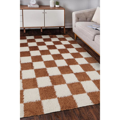 B&Q -  Super Soft Venus Shaggy Snuggly Checked Orange Area Rug 120/170Cm