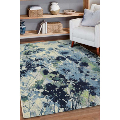 Melrose Tropical Blue Watercolour Floral Design Indoor Outdoor Area Rug 120/170Cm from B&Q