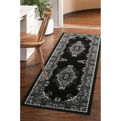 Melrose Colorama Traditional Black Grey Medium Area Indoor Runner Rug 067/200Cm from B&Q