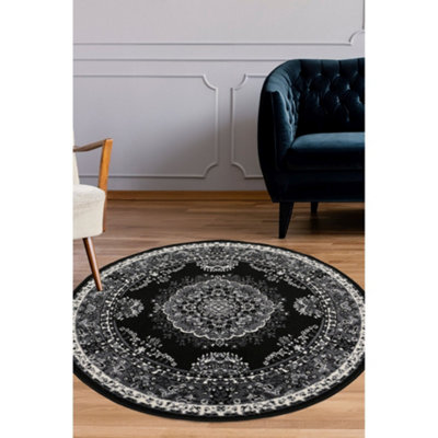 Melrose Colorama Traditional Black Grey Area Indoor Round Rug 120X120Cm from B&Q