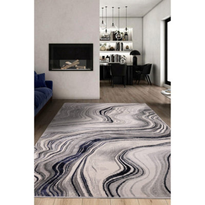Melrose Watercolour Navy Wave Effect Patterned Indoor Large Area Rug 140/200Cm from B&Q