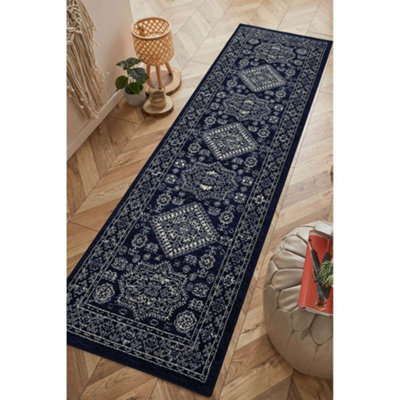 Melrose Colorama Medallion Pattern Navy Blue Traditional Indoor Runner Rug 067/200Cm from B&Q