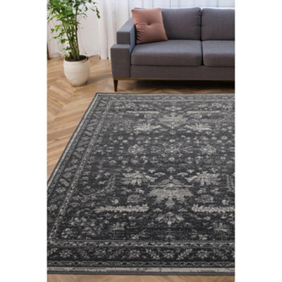 Melrose Colorama Traditional Vintage Faded Indoor Charcoal Black Large Area Rug 160X230Cm from B&Q