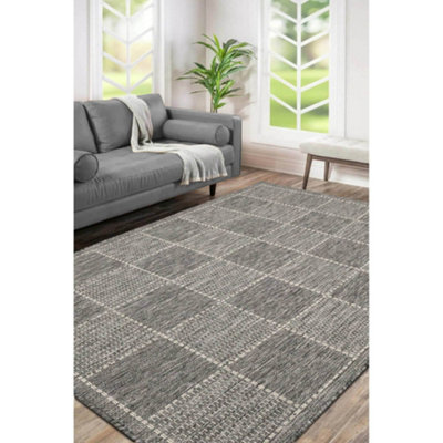 B&Q -  County Flatweave Grey Steel Check Design Indoor Non-Slip Medium Area Rug 120/160Cm