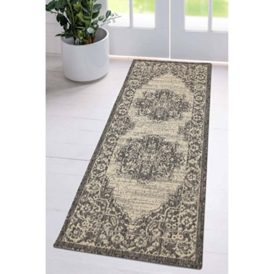 Melrose County Sisal Inspired Traditional Medallion Large Grey Non-Slip Area Runner Rug 060/230Cm