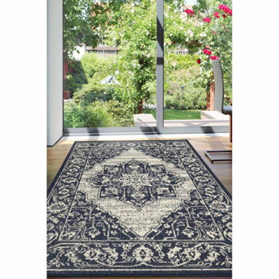 B&Q -  County Sisal Inspired Traditional Medallion Large Navy Non-Slip Area Rug 160/225Cm