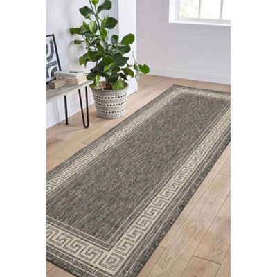 Melrose County Flatweave Grey Bordered Indoor Non-Slip Large Area Runner Rug 060/230Cm