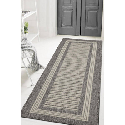Melrose County Flatweave Grey Bordered Indoor Non-Slip Medium Area Runner Rug 060/180Cm