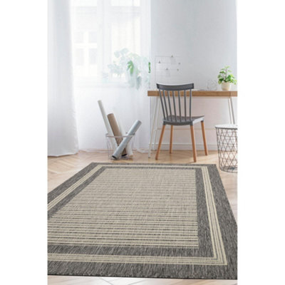 Melrose County Flatweave Grey Bordered Indoor Non-Slip Area Rug 060/110Cm