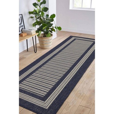 Melrose County Flatweave Navy Bordered Indoor Non-Slip Area Runner Rug 060/230Cm