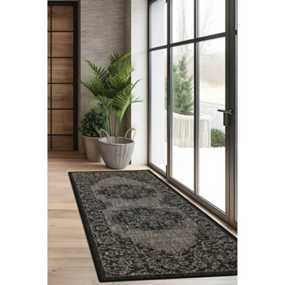Melrose County Sisal Inspired Traditional Medallion Large Black Non-Slip Area Runner Rug 060/230Cm