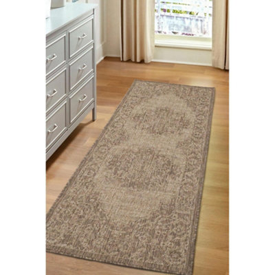 B&Q -  County Sisal Inspired Traditional Medallion Large Latte Non-Slip Area Runner Rug 60/230Cm