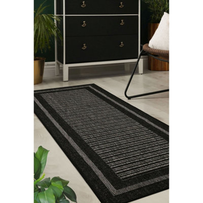 Melrose County Flatweave Black Bordered Medium Indoor Non-Slip Area Runner Rug 060/180Cm
