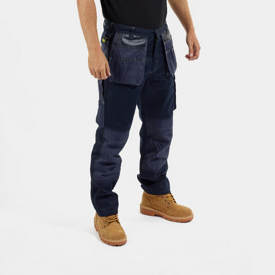 Site King Navy Heavy Duty Cargo Holster Pocket Work Trousers Contrast Stitching With Knee Pad Pockets (W32L31) from B&Q