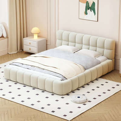  - King Size Bed Frame150X200Cm Ottoman Bed FrameLinen Grounded Upholstered Cloud BedBoucle Platform Floor Bed With Headboard