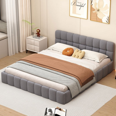  - King Size Bed Frame150X200Cm Ottoman Bed FrameLinen Grounded Upholstered BedBoucle Platform Floor Bed With HeadboardGray