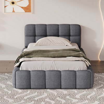  - 3Ft Single Bed Frame90X190 Cm Ottoman Bed FrameLinen Grounded Upholstered BedBoucle Platform Floor Bed With HeadboardGray