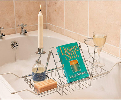 B&Q Expandable Chrome Over Bath Rack Organiser With Book, Drink & Candle Holders - Extends From To 90Cm 62Cm
