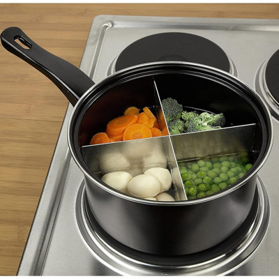 B&Q 4-Way Divided Saucepan - Durable Carbon Steel Pan With Removable Divider - Measures 20Cm Diameter Black