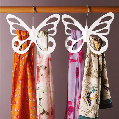 2 X White Butterfly Scarf Hangers - Space Saving Wardrobe Hanging Storage Accessory Holder For Scarves, Ties, Belts, Tights