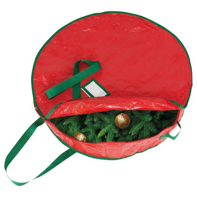 Seasonal Wreath or Garland Storage Bag - Christmas Decorations Round Protective Holder with Zipper, Carry Handles & Card Slot