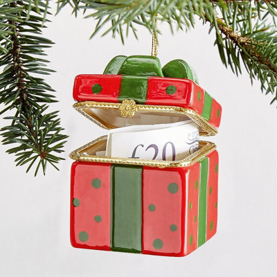 Trinket Box Christmas Tree OrnamentHand Painted Ribbon Tied Festive Xmas Gift Present Decoration With Hinged Lid & Gilded Edge from B&Q