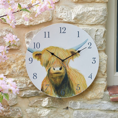 Highland Cow Indoor Or Outdoor Wall ClockBattery Powered Weather Resistant Home Or Garden Round Quartz Clock30Cm Diameter from B&Q