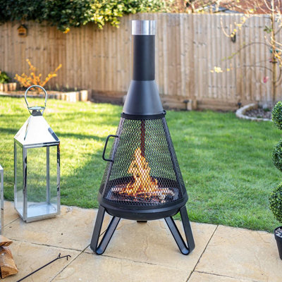 Black Miami Chimenea - Metal Outdoor Garden Patio Log Wood Burner Fire Pit Bowl With Stainless-Steel Flue Cap - Small, H125 X 50Cm-37139 