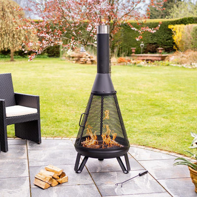Black Miami Chimenea - Metal Outdoor Garden Patio Log Wood Burner Fire Pit Bowl With Stainless-Steel Flue Cap - Large, H150 X 58Cm-37140 