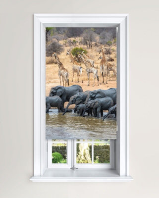 Lister Cartwright Blackout Roller Blind Elephant & Giraffe Water Hole Blind ( 90 Cm Width X 140 Cm Drop) from B&Q