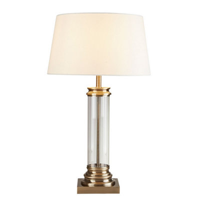 B&Q Glass Column And Antique Brass Base Bedside Table Lamp Desk Shade Light/Cream