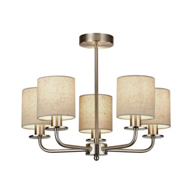 B&Q -  Blois 5 Light Satin Silver With Linen Shades Ceiling Pendant