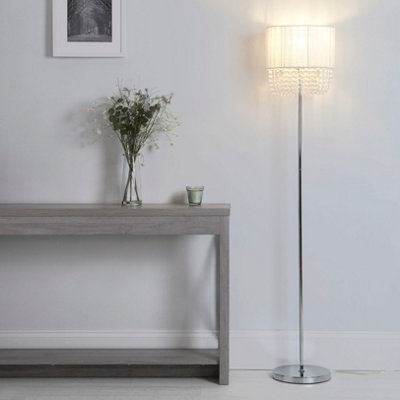 B&Q -  Chrome Floor Lamp With Grey Drum Shade And Hanging Crystal Detail