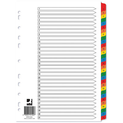 Q-Connect 1-31 Index Multi-Punched Reinforced Board Multi-Colour Numbered Tabs A4 White from B&Q