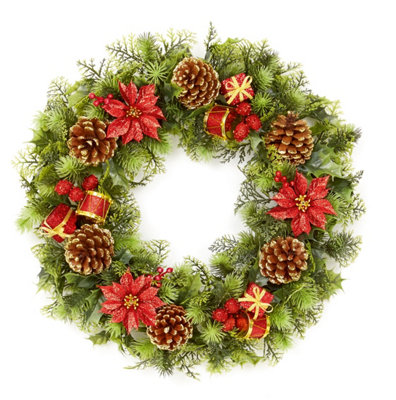 B&Q -  Red Dressed Artificial Christmas Wreath Door Decoration Poinsettia Cones 45Cm