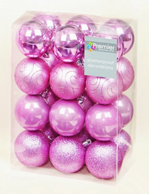 Premier 24 Pack Shatter-Proof Christmas Baubles Multi-FinishPink from B&Q